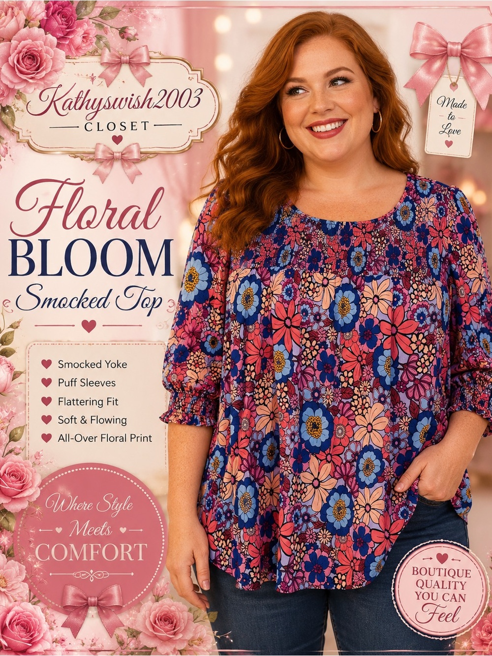 Terra & Sky Floral Smocked Tunic in Pink, Blue & Purple